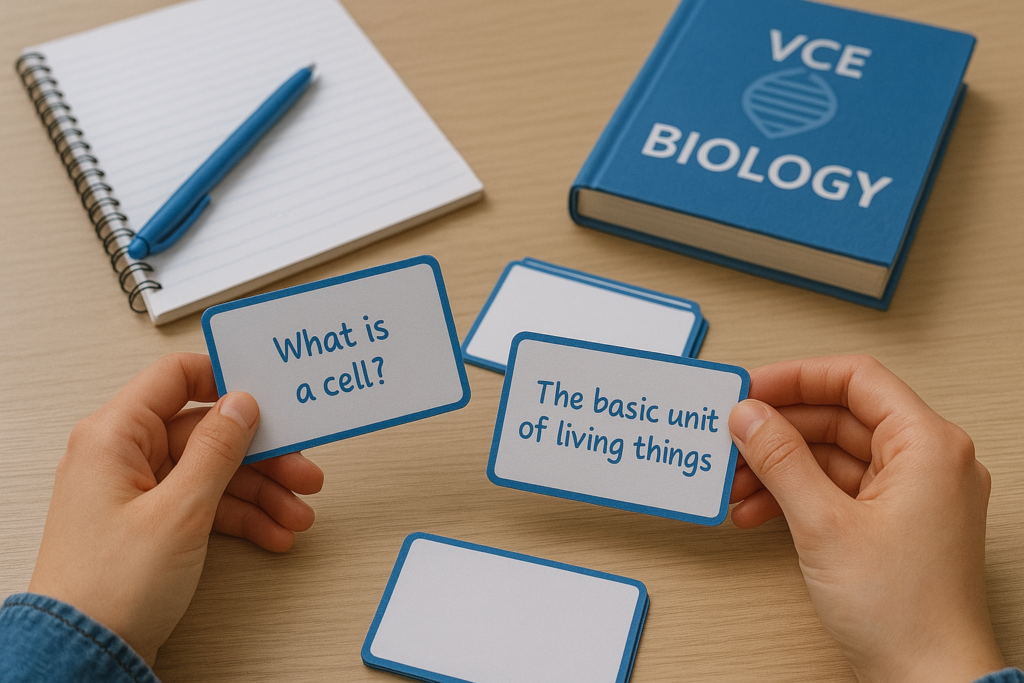 A student studies VCE Biology using flashcards at a tidy desk, with one card asking “What is a cell?” and the other answering “The basic unit of living things.”