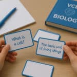 A student studies VCE Biology using flashcards at a tidy desk, with one card asking “What is a cell?” and the other answering “The basic unit of living things.”