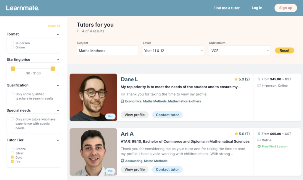 Learnmate search results displaying a list of available maths tutors with their profiles.