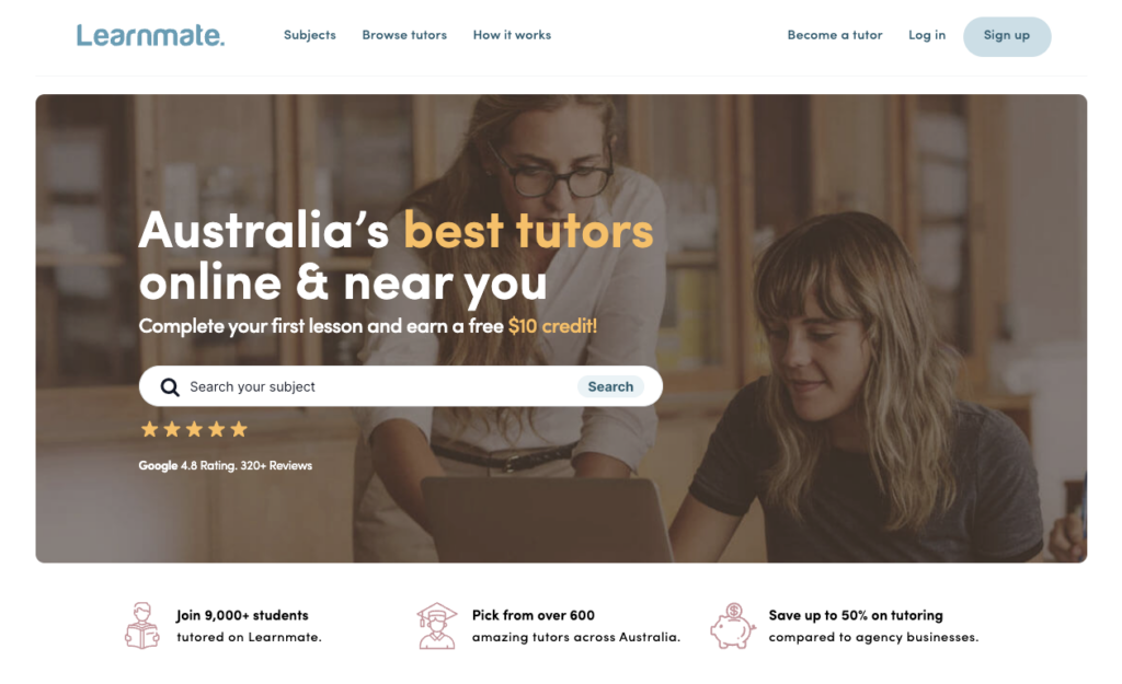 Screenshot of Learnmate homepage featuring a prominent search bar for finding tutors.
