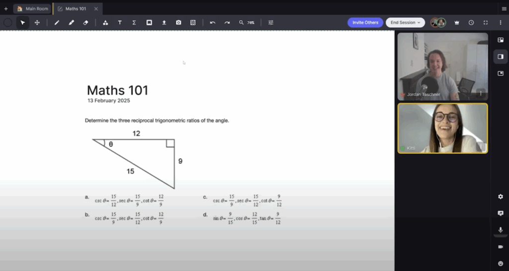 Screenshot of a Learnmate online tutoring session in Lessonspace showing a shared “Maths 101” whiteboard and two participants on video chat.