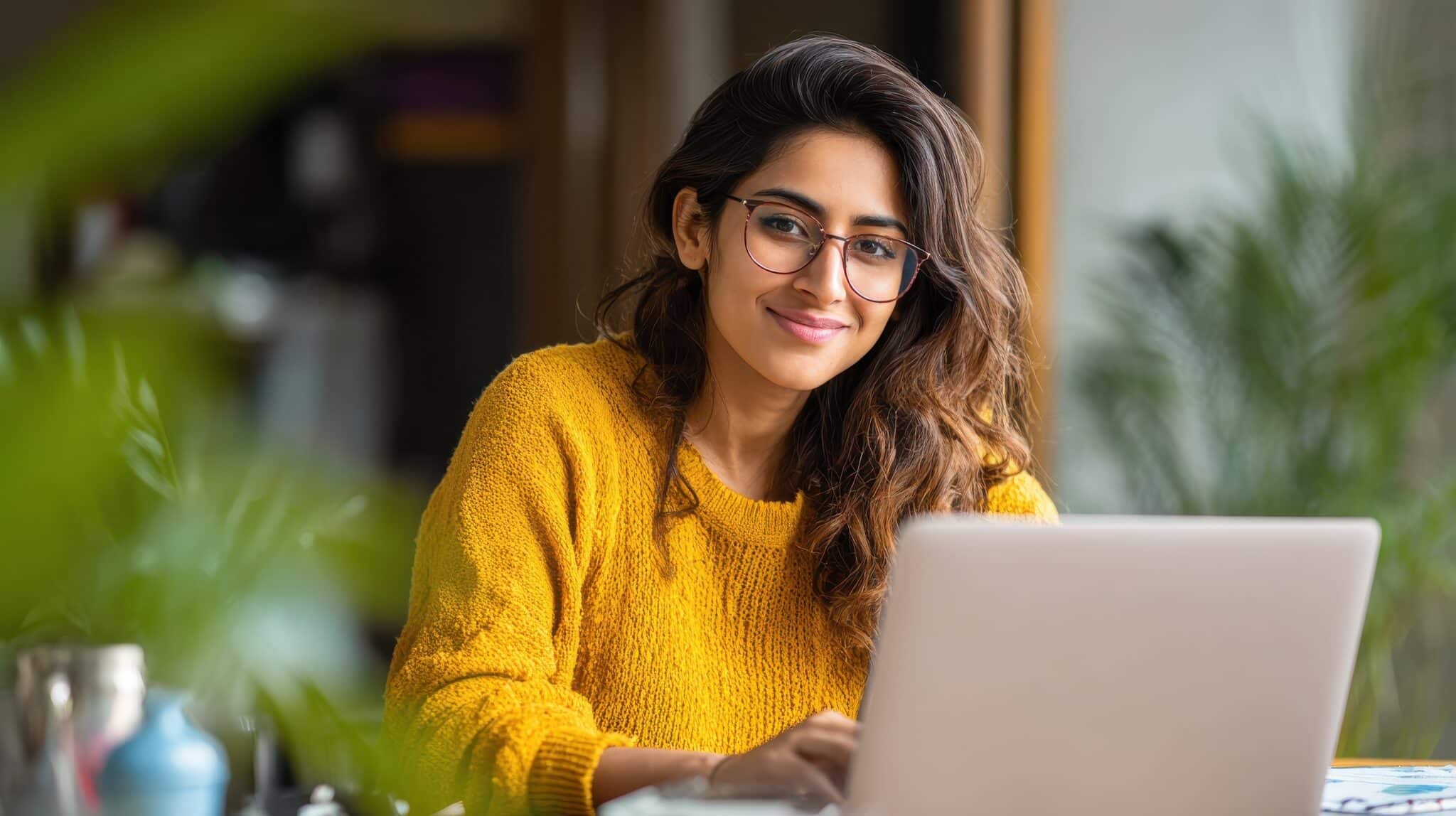 A young female student with glasses and a yellow sweater smiling confidently while using a laptop, representing the reduced anxiety and academic success that comes from working with a private tutor.