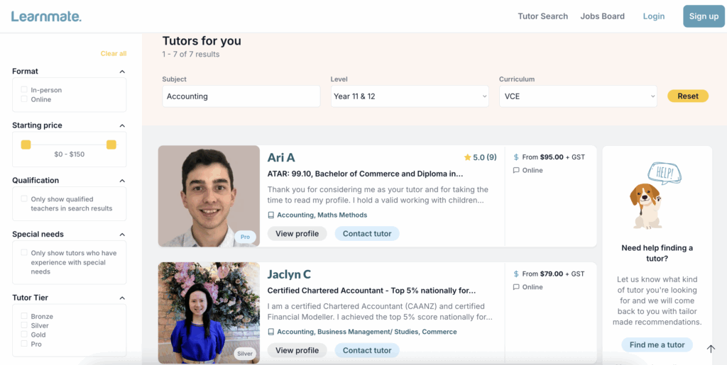 Learnmate search results showing VCE Year 11 & 12 Accounting tutors with filters for format, price, qualifications, special needs and tutor tier.