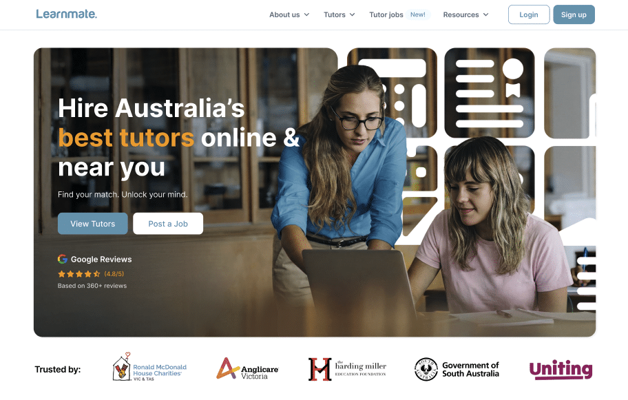 Learnmate Australia homepage interface for finding online and in-person tutors, featuring a 4.8/5 Google Review rating and trusted government partnership logos.