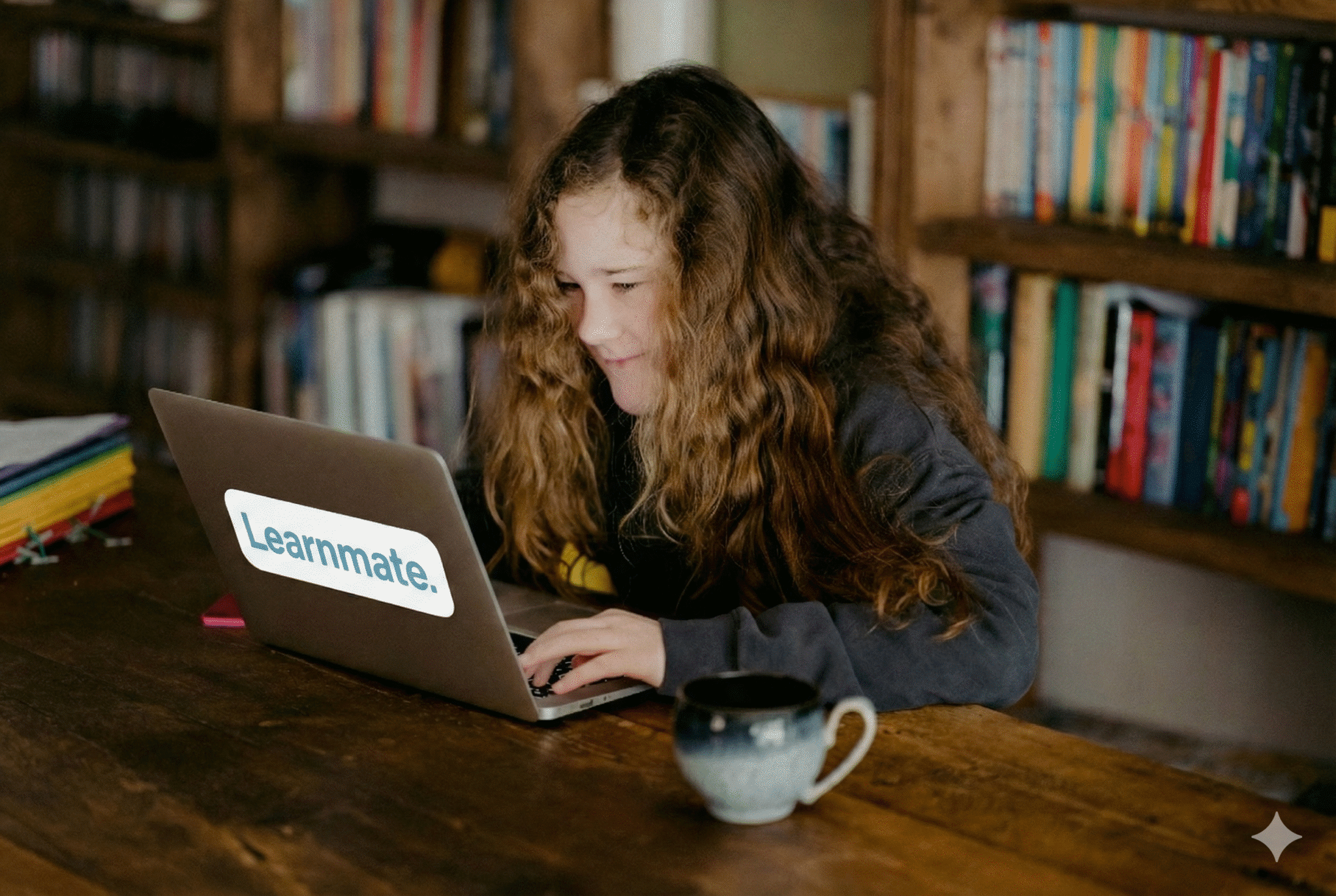 A focused student smiling while studying on a laptop at a wooden desk with bookshelves in the background, illustrating a positive home study environment.