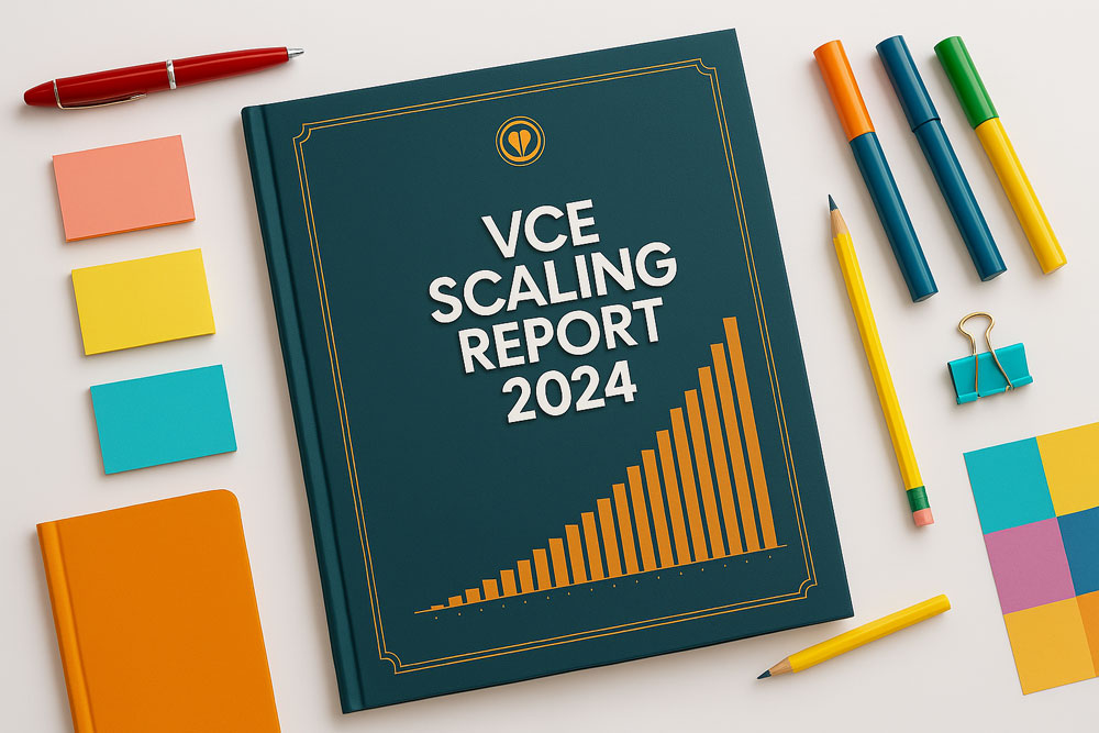 A detailed image of a 2024 VCE Scaling Report on a desk, with charts, graphs, and study materials, highlighting the scaling analysis.