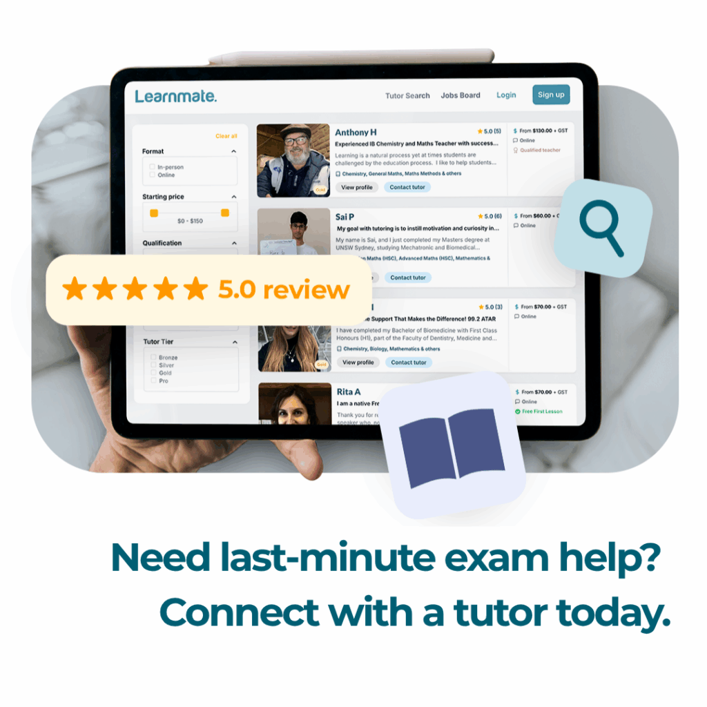 A student browsing Learnmate’s tutor profiles online with the headline “Need last-minute exam help? Connect with a tutor today.”