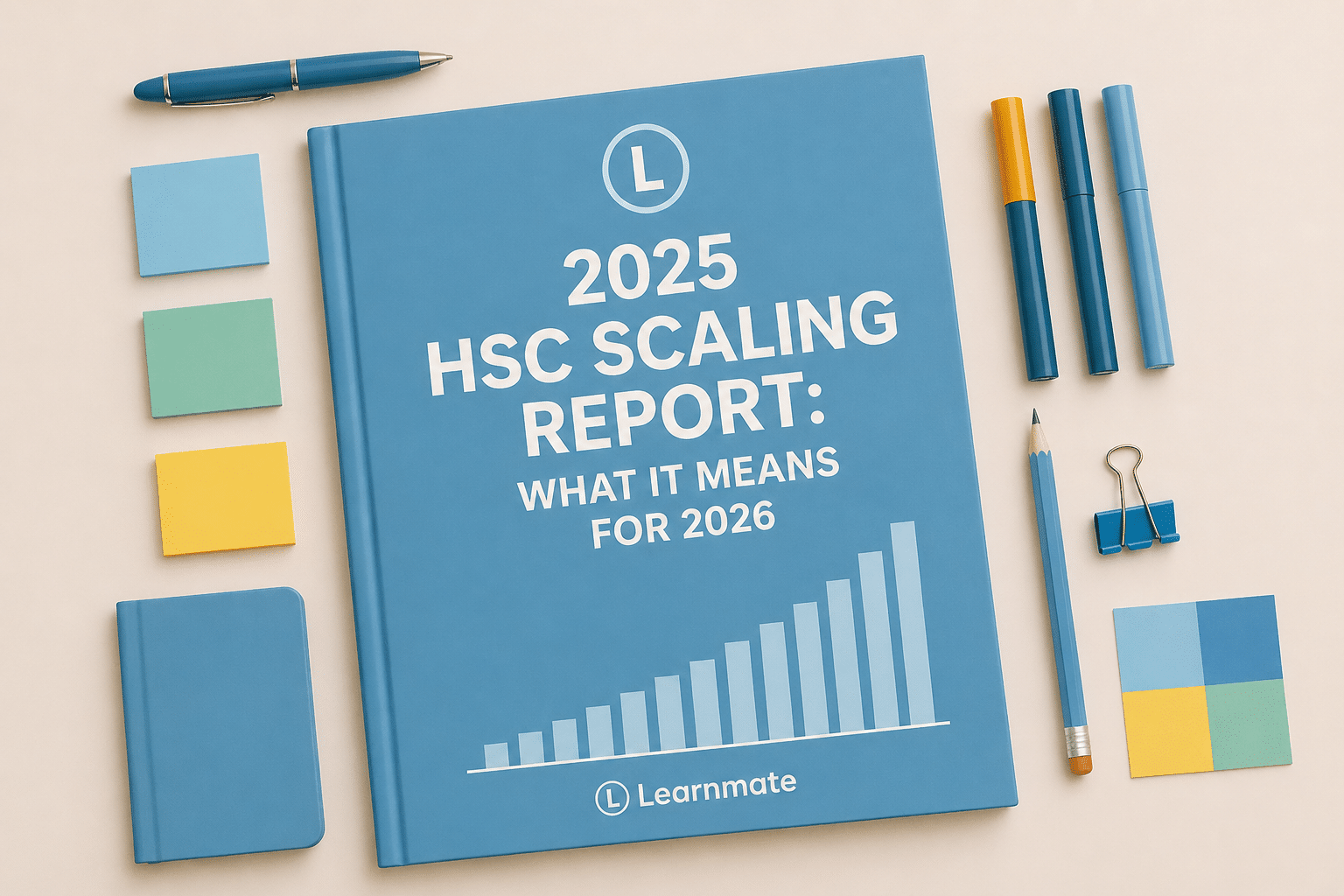 A Learnmate-branded guide book titled '2025 HSC Scaling Report: What It Means for 2026' with a bar chart graphic, surrounded by stationery on a desk — representing Learnmate's analysis of how HSC subjects scaled in 2025